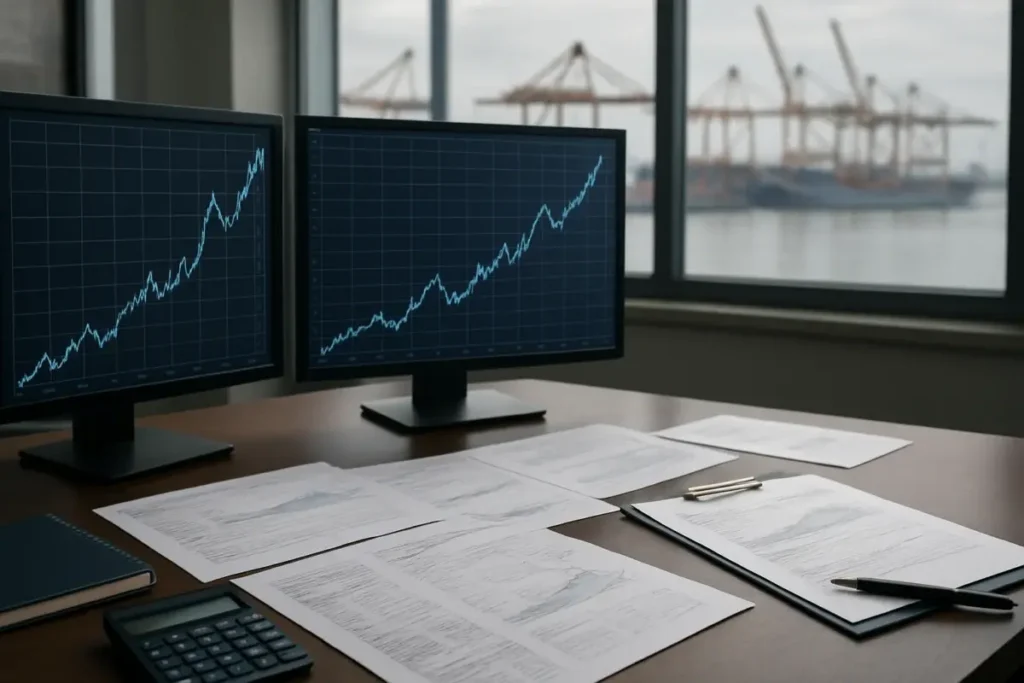 Bureau de courtier maritime avec graphiques de taux de fret en hausse