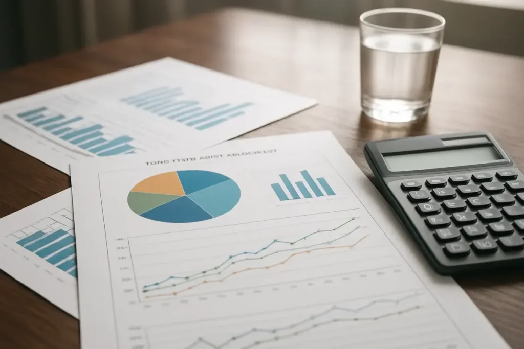 Bureau d'un gestionnaire de fonds avec rapports d'allocation long terme