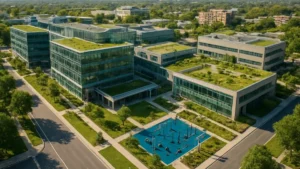 Campus immobilier dédié à la santé et au bien-être, vue aérienne