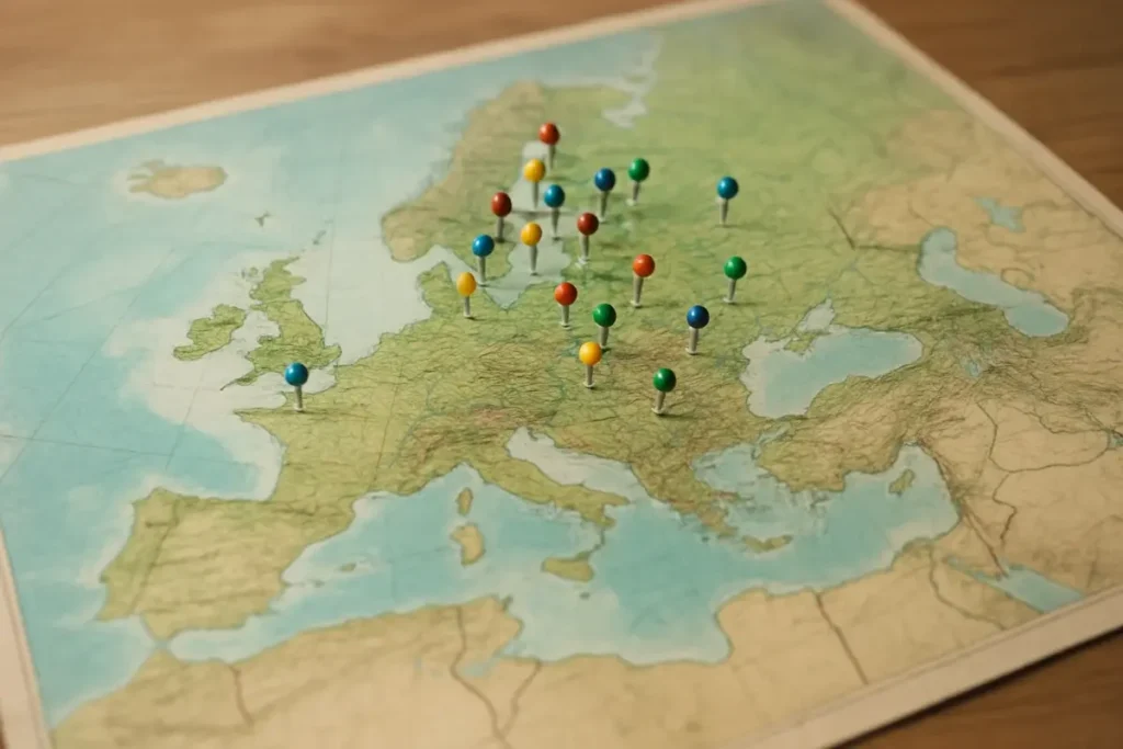 Carte d'Europe avec épingles illustrant les disparités d'investissement immobilier