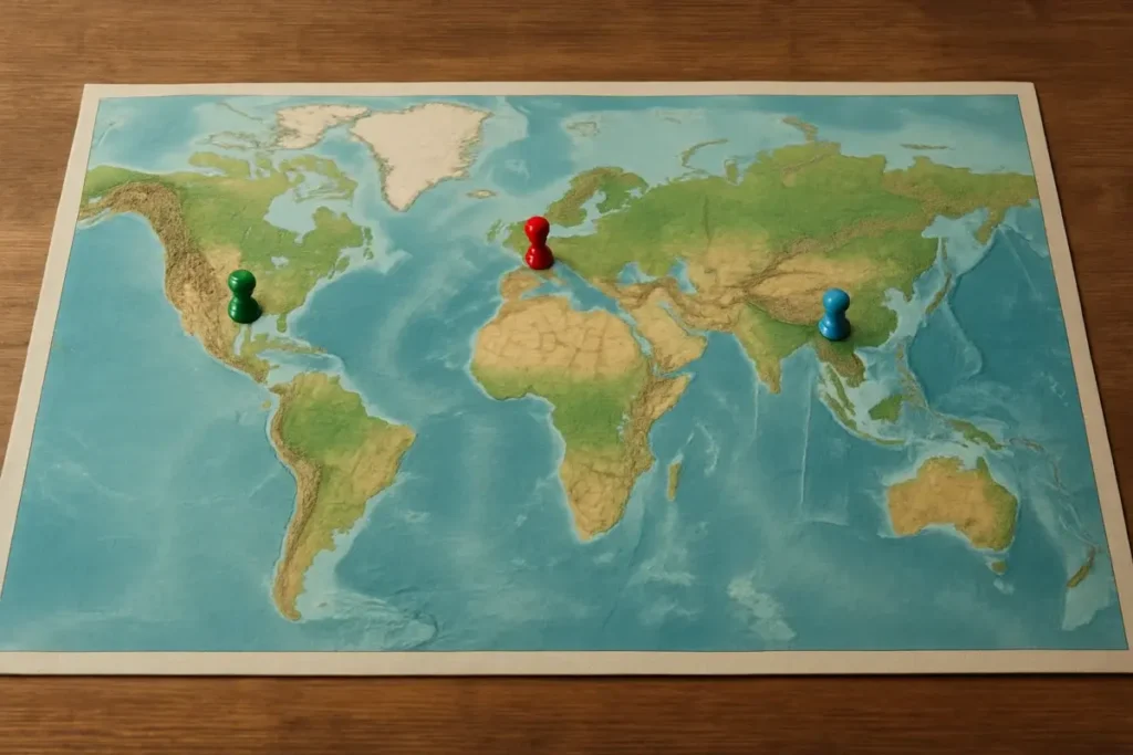 Carte du monde avec repères sur Europe, États-Unis et Asie