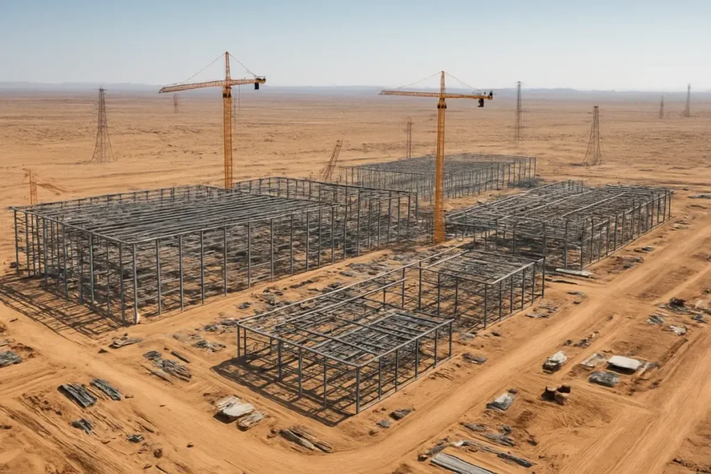 Chantier aérien d'un centre de données en zone désertique avec pylônes électriques