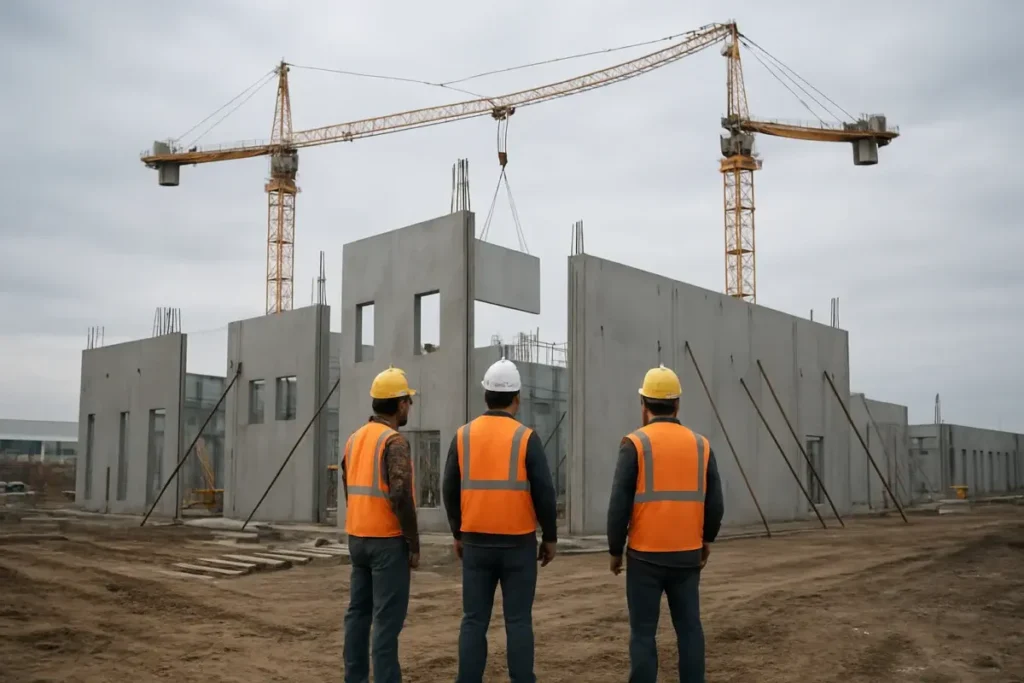 Chantier de construction d'un entrepôt logistique intermédiaire en zone industrielle