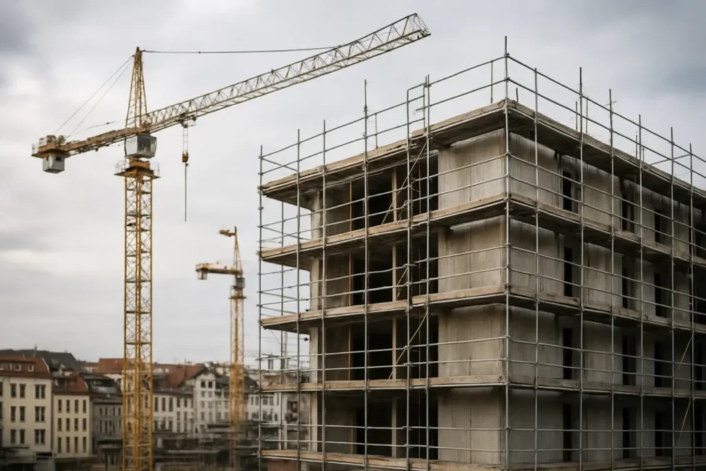 Chantier immobilier européen à l'arrêt sous un ciel nuageux