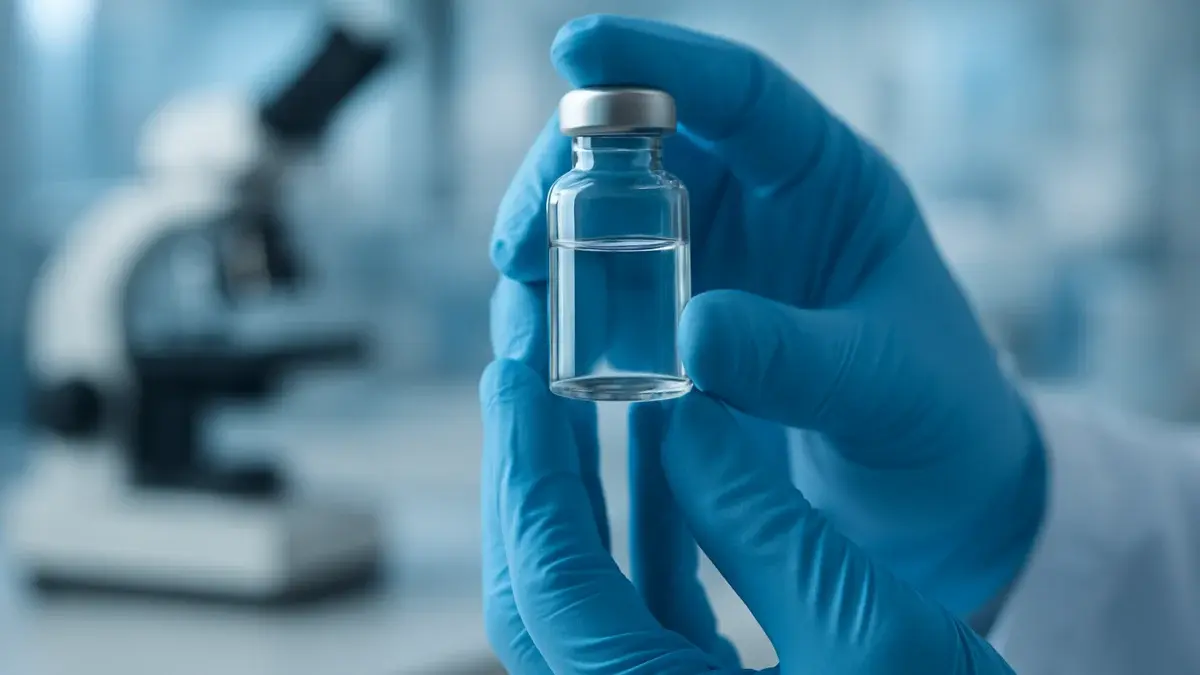 Chercheur manipulant un flacon dans un laboratoire pharmaceutique moderne