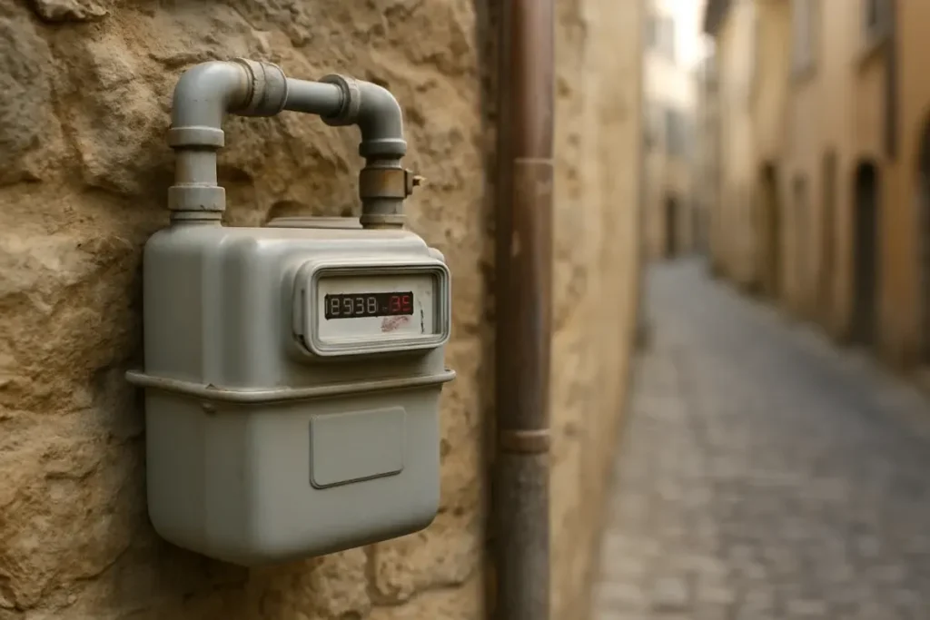 Compteur de gaz résidentiel sur un mur de pierre en ville européenne