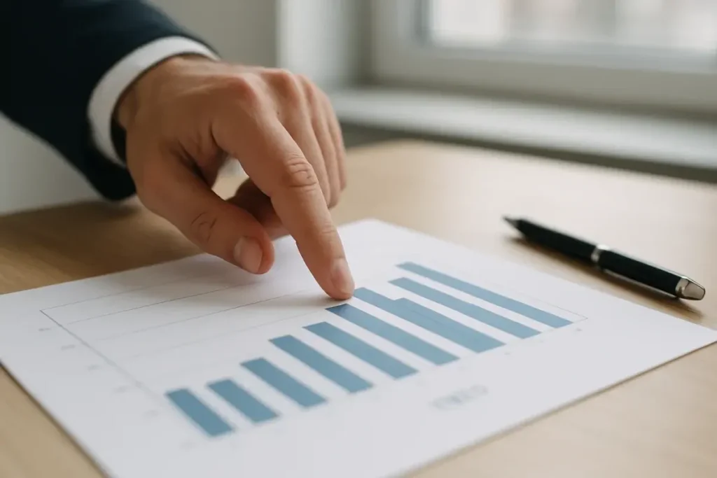 Conseiller analysant un graphique de rendement immobilier sur bureau