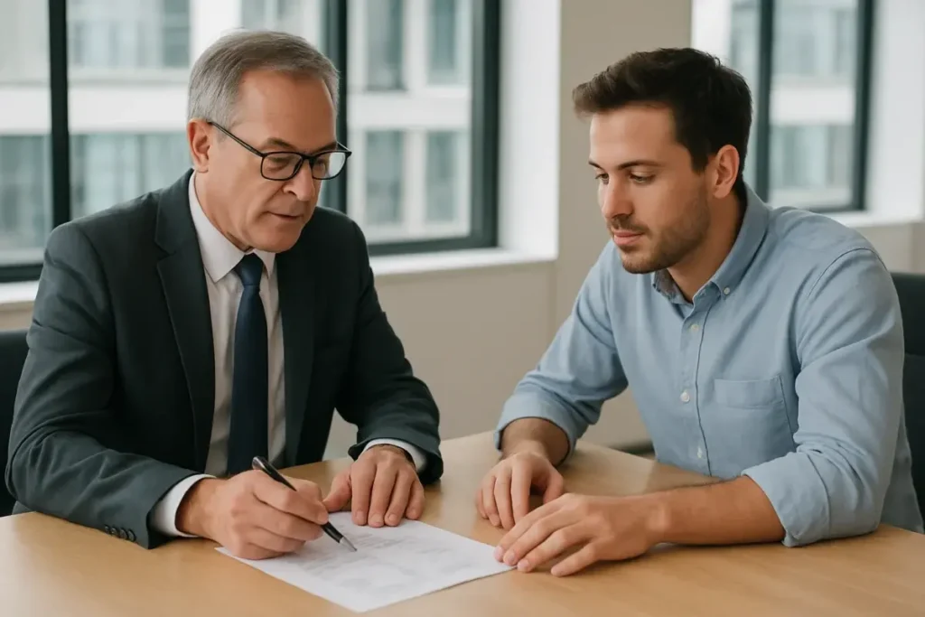 Conseiller bancaire et fondateur de startup examinant un dossier financier