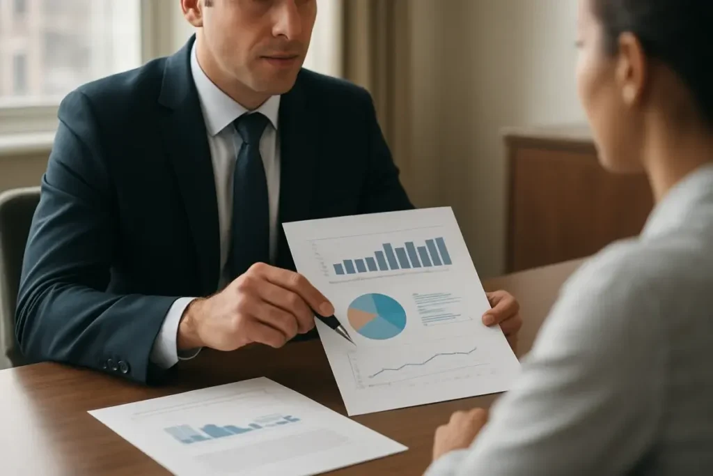 Conseiller en gestion de patrimoine analysant une allocation de portefeuille avec un client