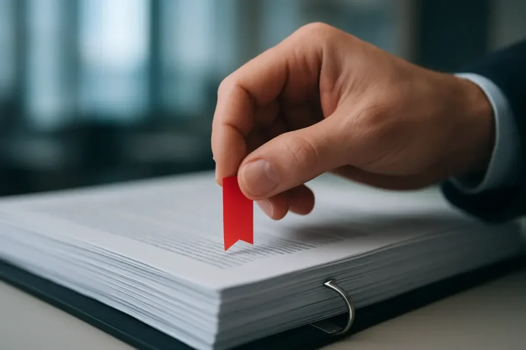 Conseiller marquant une clause contractuelle lors d'un audit de contrat