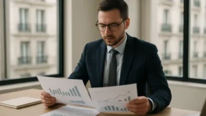 Conseiller patrimonial analysant des documents de performance de fonds immobiliers