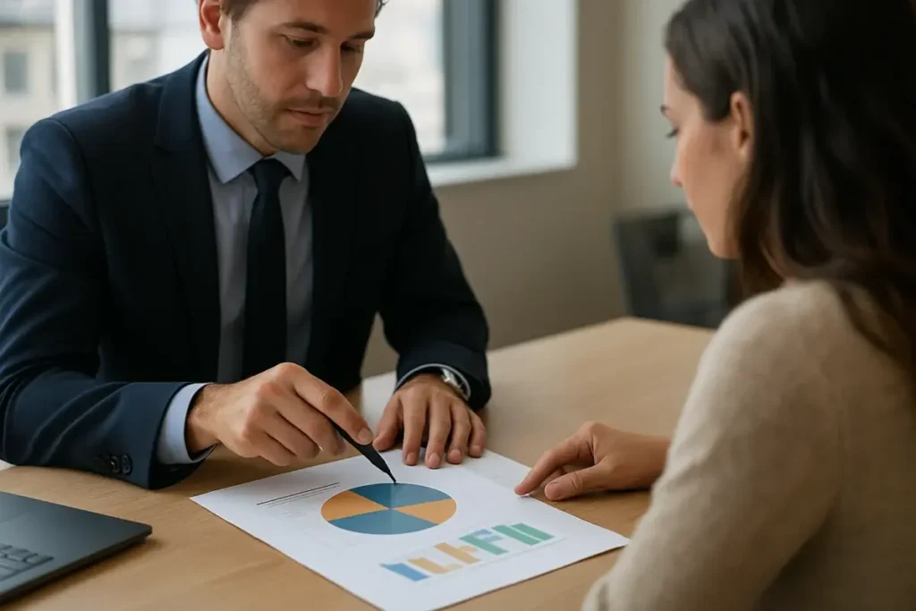 Conseiller patrimonial présentant une allocation d'actifs à son client