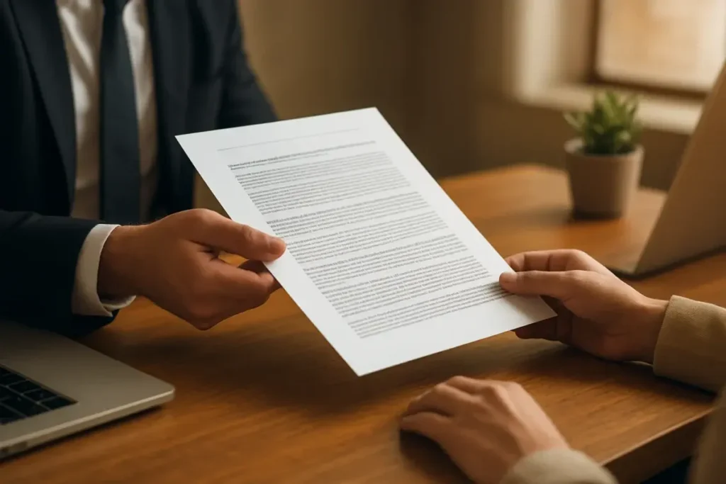Conseiller remettant un document de souscription à un client