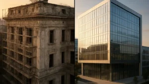 Contraste entre un bâtiment public délabré et un siège social d'entreprise moderne