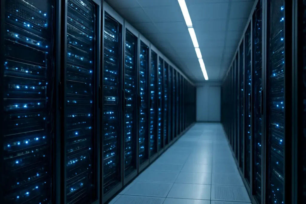 Couloir de serveurs dans un data center avec éclairage LED bleu
