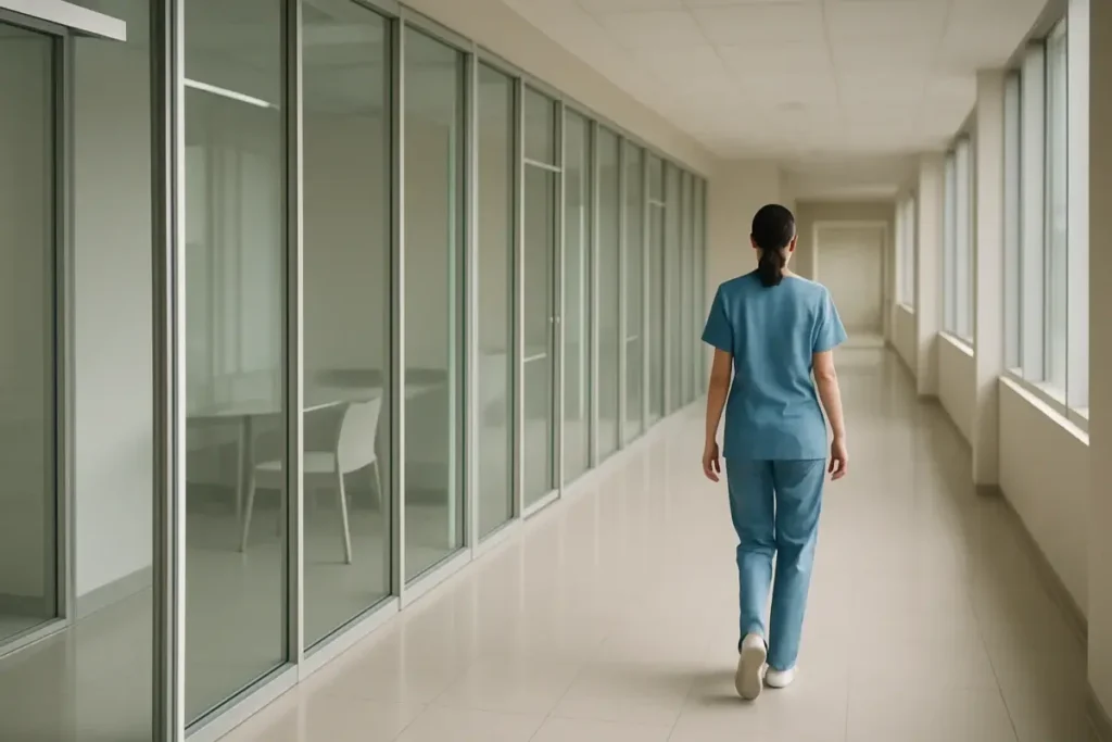 Couloir d'une clinique moderne avec infirmière et salles vitrées