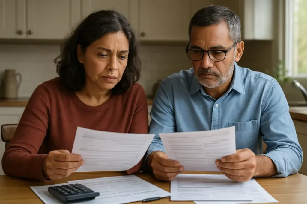 Couple examinant des documents de crédit immobilier à domicile