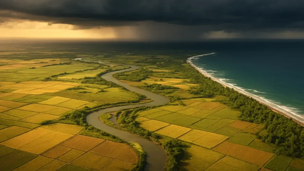 Delta agricole tropical face à un horizon de nuages orageux liés à El Niño