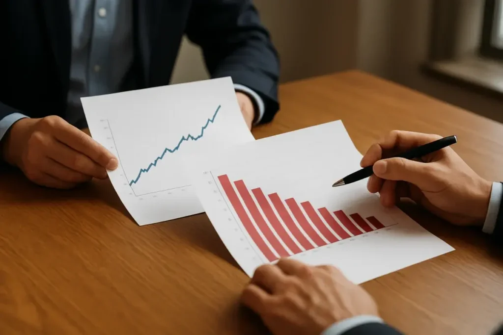 Deux analystes comparant des rapports de courtage actions et obligations