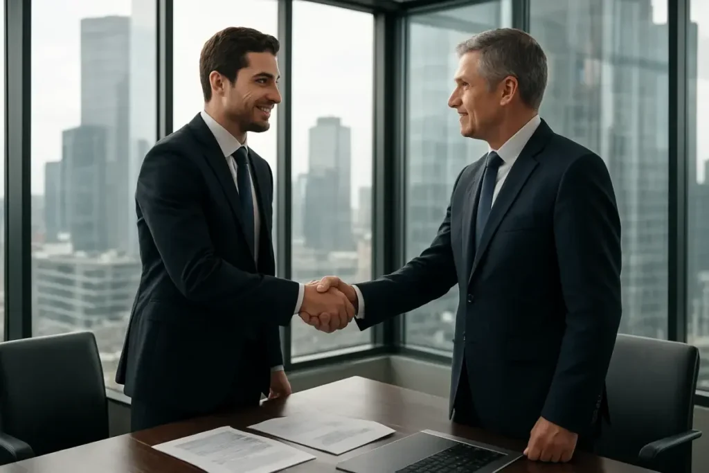 Deux dirigeants concluent une opération de fusion-acquisition en salle de réunion