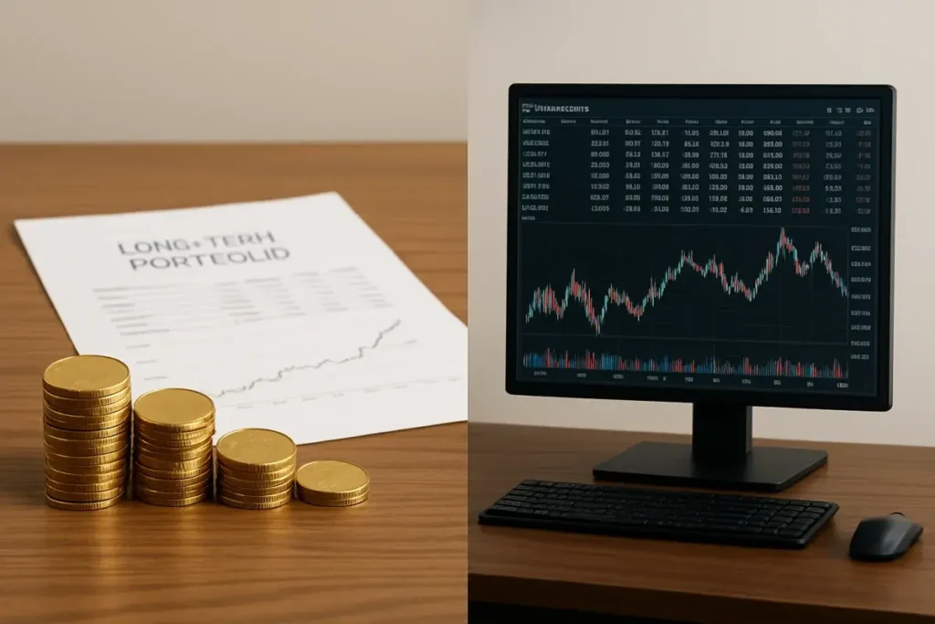 Deux postes de travail illustrant horizons d'investissement opposés sur l'or