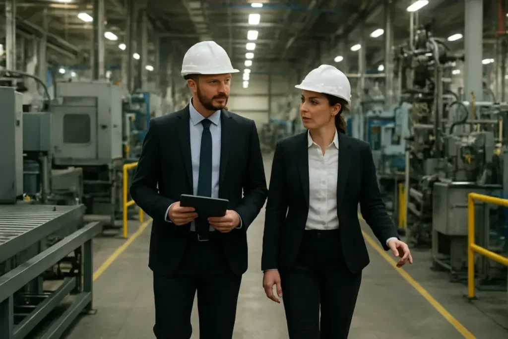 Deux professionnels en casques inspectant une ligne de production dans une usine de taille moyenne