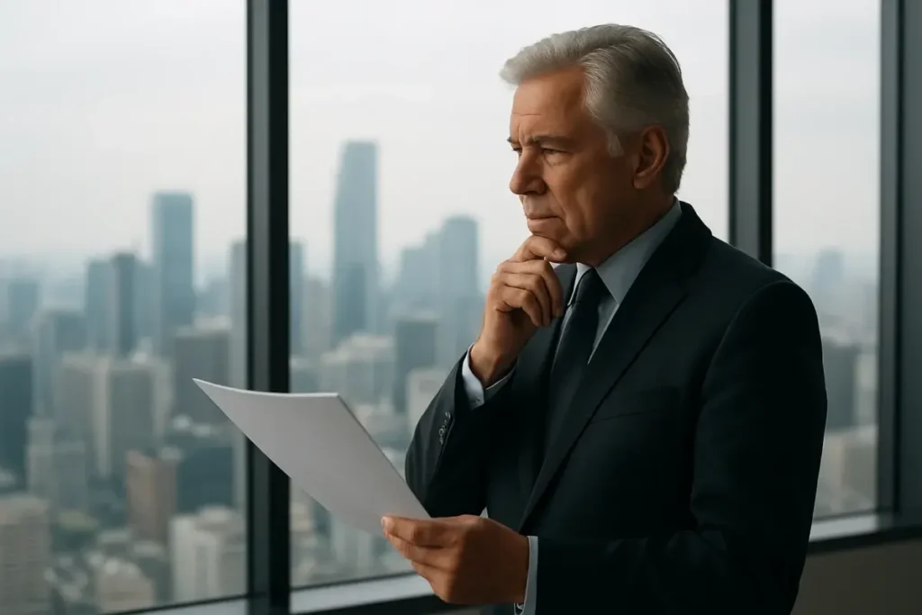 Dirigeant en salle de conseil face à la skyline d'une métropole