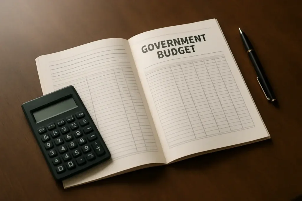 Document budgétaire ouvert sur une table de réunion avec calculatrice