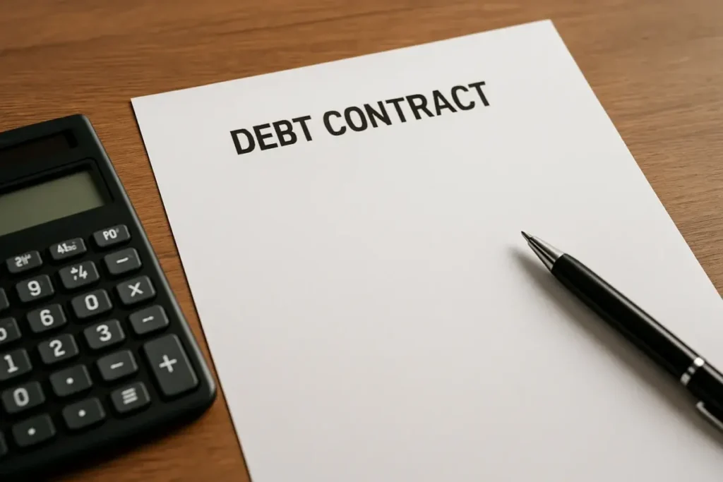 Document de contrat d'emprunt sur un bureau avec calculatrice