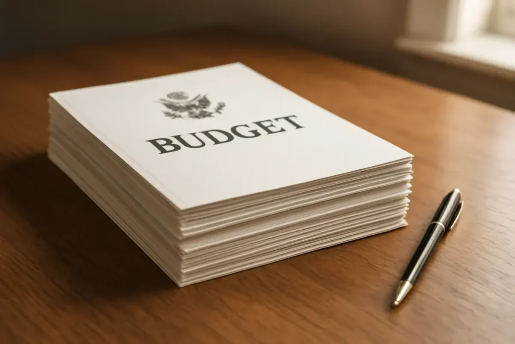 Documents budgétaires officiels empilés sur un bureau en bois