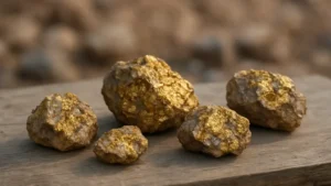 Échantillons de minerai d'or sur une table de terrain géologique