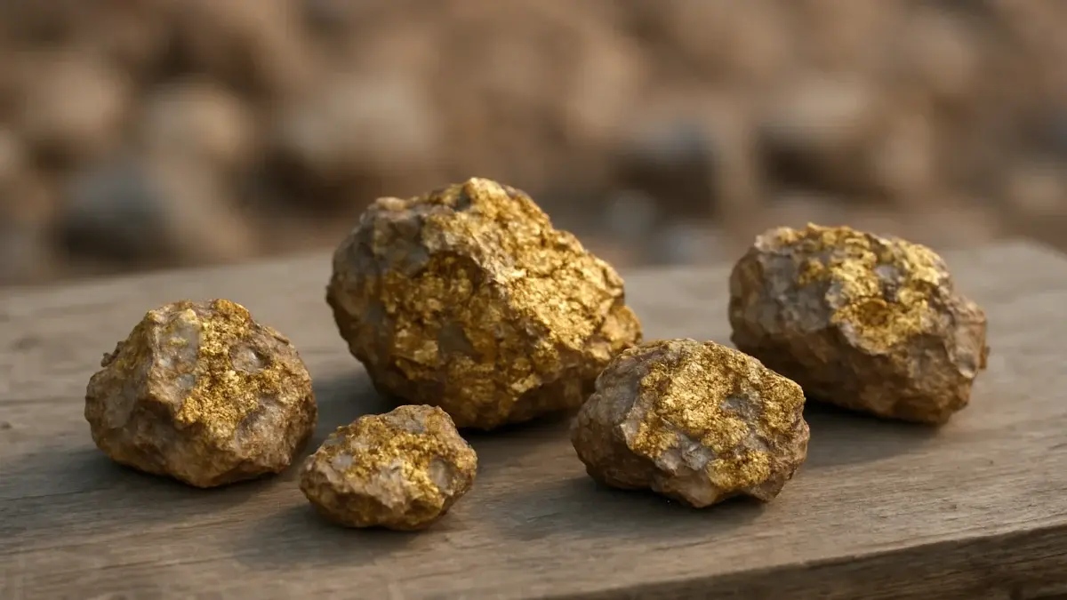 Échantillons de minerai d'or sur une table de terrain géologique
