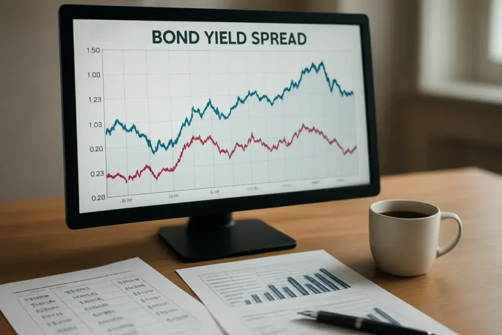 Écran affichant un graphique de spread obligataire européen sur un bureau d'analyste