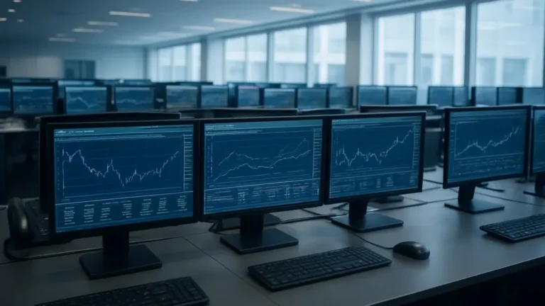 Écrans affichant des courbes de taux obligataires sur un bureau de trading