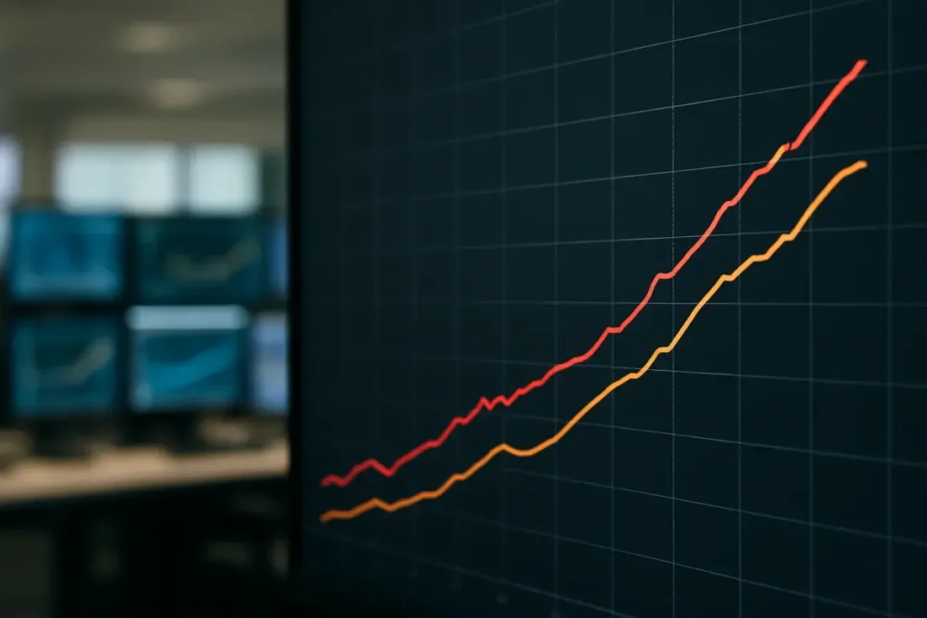 Écrans de salle des marchés affichant des courbes de taux en hausse