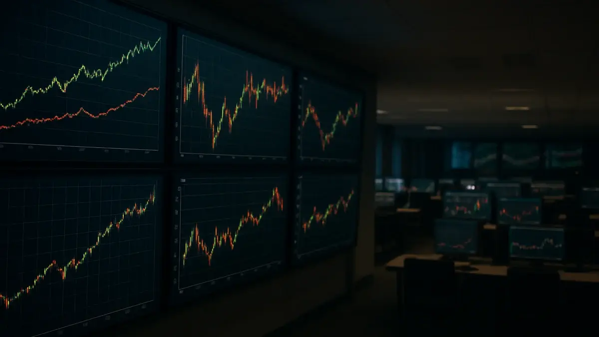 Écrans de trading affichant courbes de taux et indices boursiers en fin d'année
