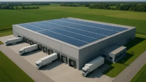 Entrepôt logistique moderne vu du ciel avec camions et panneaux solaires