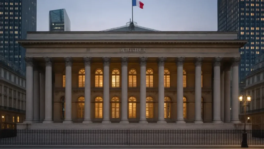 Façade de la Bourse de Paris au crépuscule, colonnes en pierre