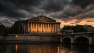 Façade de l'Assemblée nationale française au crépuscule, reflet dans la Seine