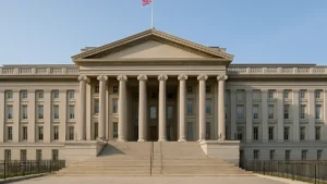 Façade du bâtiment du Trésor américain à Washington DC