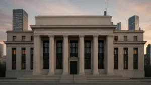 Façade d'une banque centrale en soirée dans un quartier financier