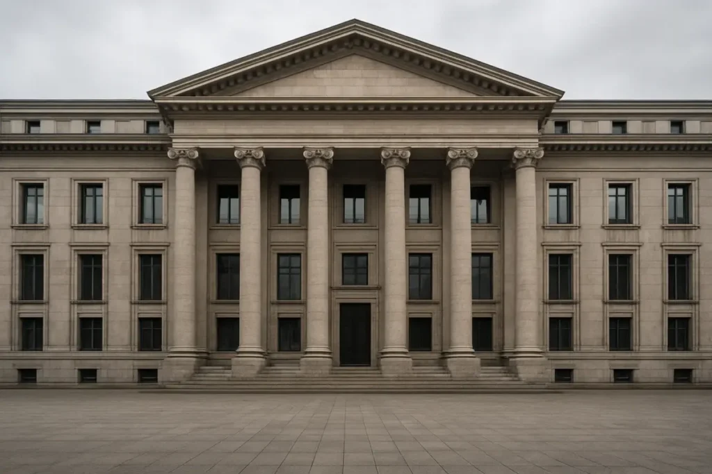 Façade d'une banque centrale européenne sous ciel couvert