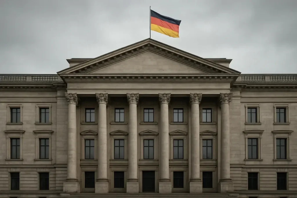 Façade d'une banque centrale européenne sous ciel nuageux