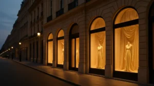 Façade d'une maison de mode de luxe parisienne au crépuscule