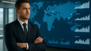 Gestionnaire analysant une carte mondiale de cycles immobiliers avec données quantitatives