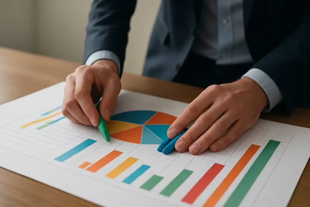Gestionnaire annotant un tableau d'allocation d'actifs sur papier