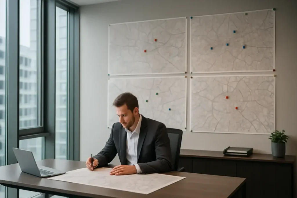Gestionnaire d'actifs analysant une carte d'acquisitions immobilières européennes