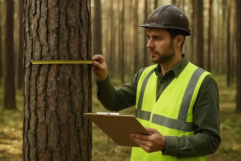 Gestionnaire forestier mesurant un tronc de pin en forêt