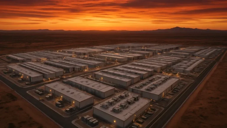 Grand campus de centres de données en zone aride au coucher de soleil