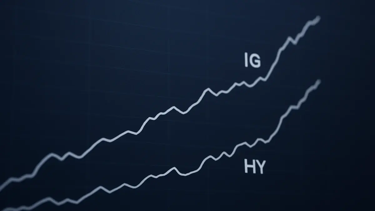 Graphique abstrait illustrant l'écartement des spreads de crédit IG et HY